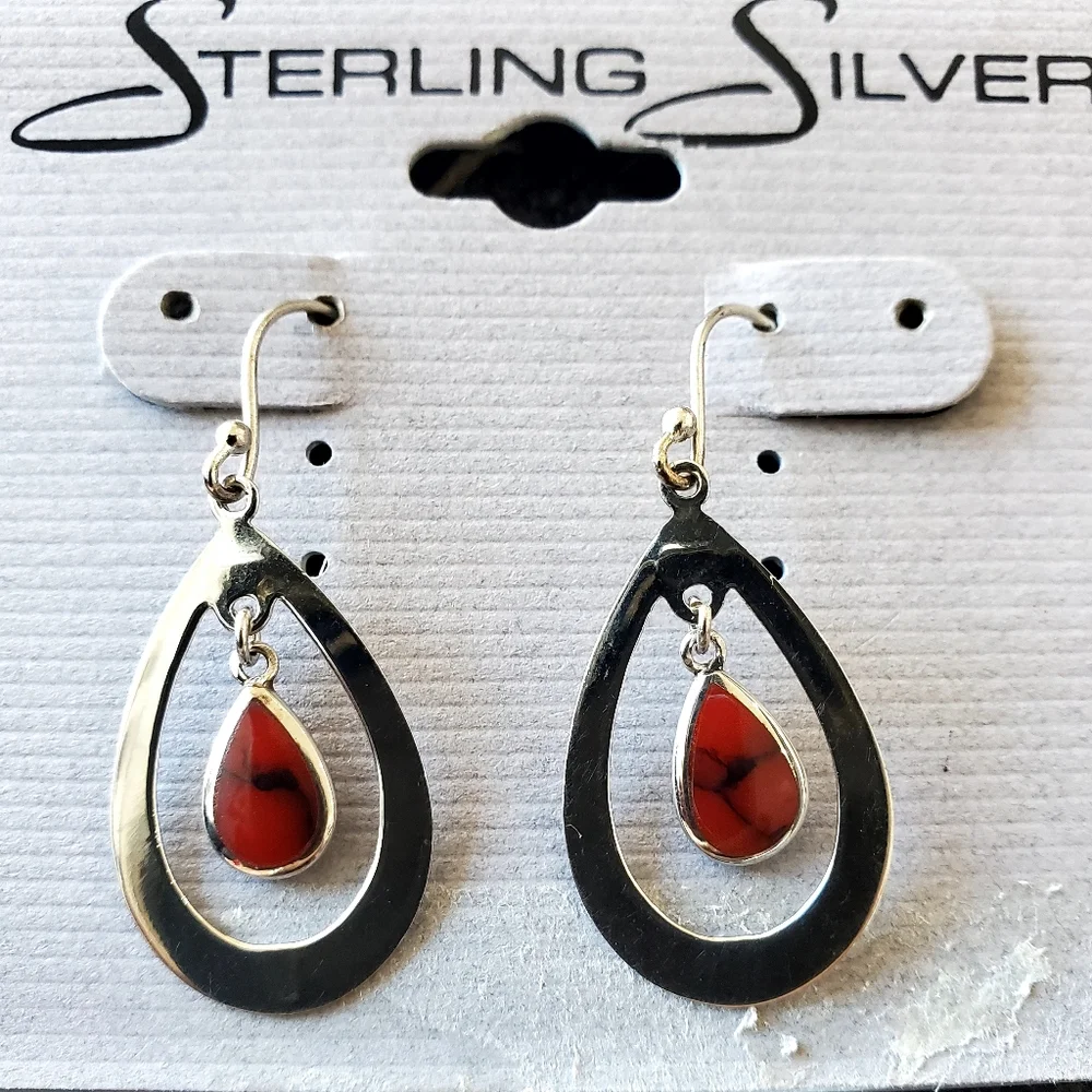 925 Sterling Silver Red Jasper Teardrop Earrings - Picture 4 of 7